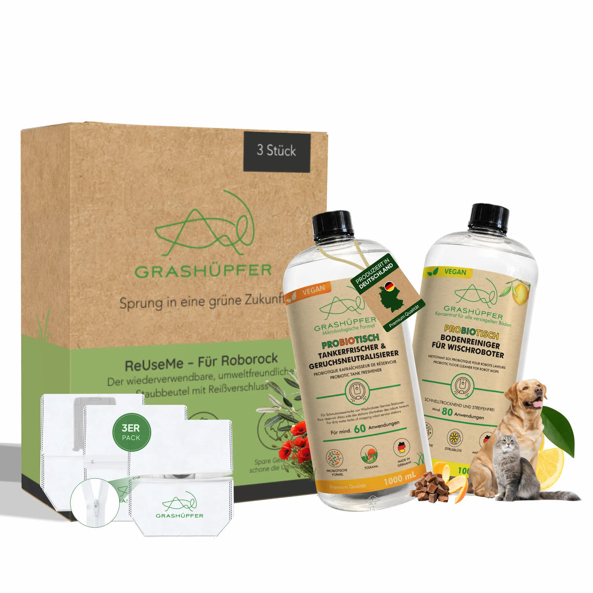 Grashüpfer Roborock Sorglospaket mit ReUseMe Mehrweg-Staubbeuteln, probiotischem Bodenreiniger und probiotischem Tankerfrischer für Haushalte mit Haustieren.