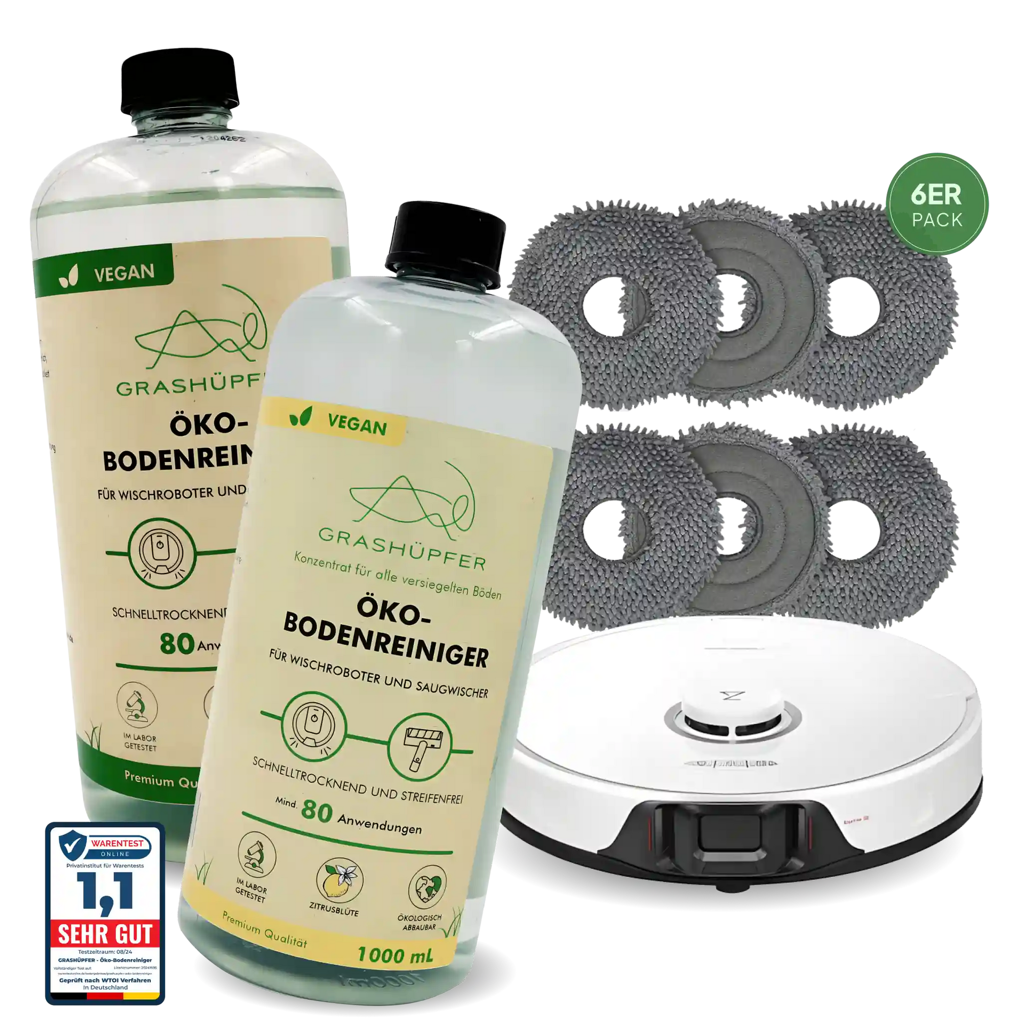 Grashüpfer Roborock Wisch-Set besteht aus dem Öko-Bodenreiniger der mit 1,1 SEHR GUT ausgezeichnet ist und 6 Saros 10R / Z70 Wischpads (dunkelgrau) für Roborock Saug- und Wischroboter in Originalqualität.