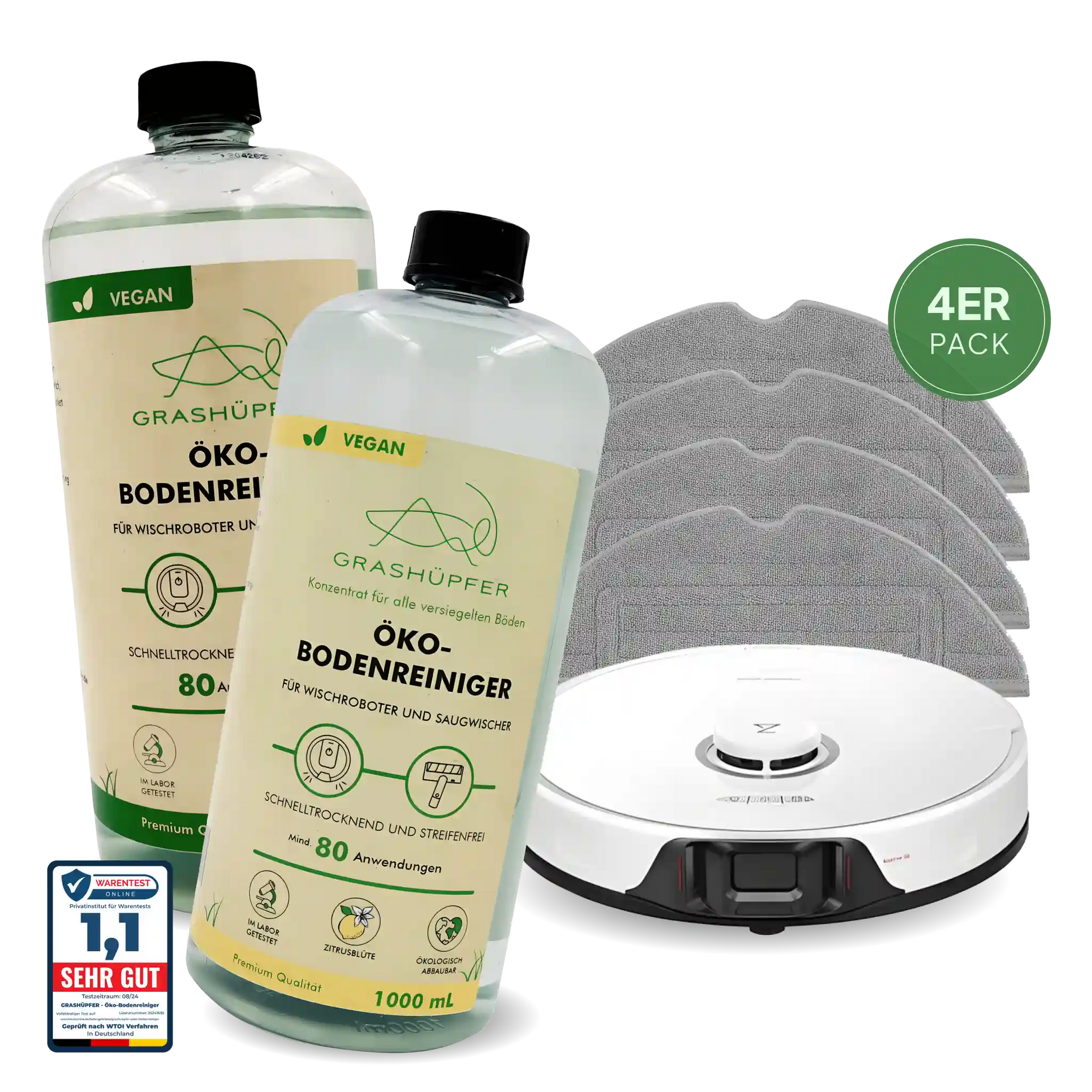 Grashüpfer Roborock Wisch-Set besteht aus dem Öko-Bodenreiniger der mit 1,1 SEHR GUT ausgezeichnet ist und 4 graue längliche Wischpads für Roborock S8-Reihe Saug- und Wischroboter in Originalqualität.