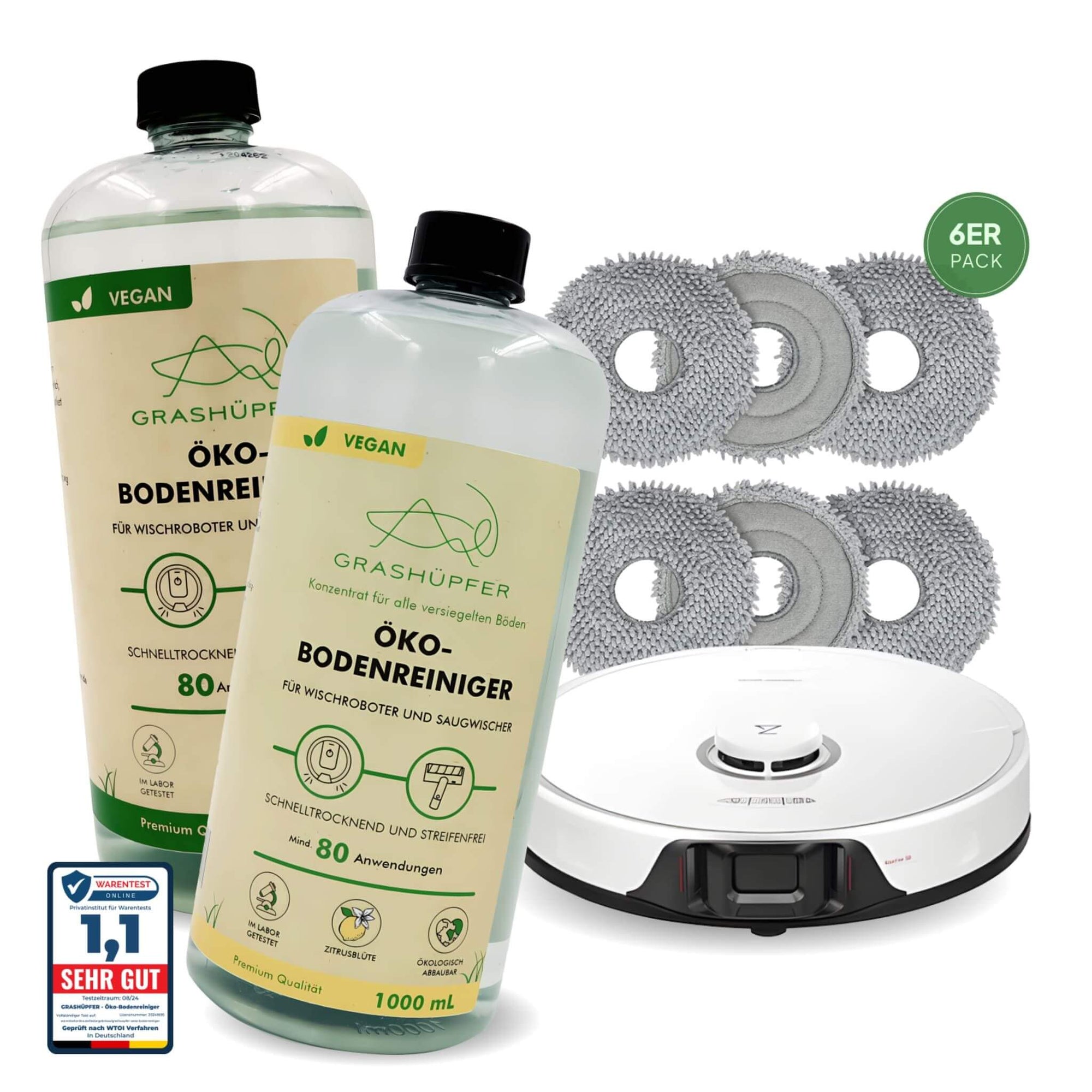 Das Grashüpfer Qrevo Wisch-Set besteht aus dem Öko-Bodenreiniger der mit 1,1 SEHR GUT ausgezeichnet ist und 6 Qrevo Wischpads für Roborock Qrevo Saug- und Wischroboter in Originalqualität.