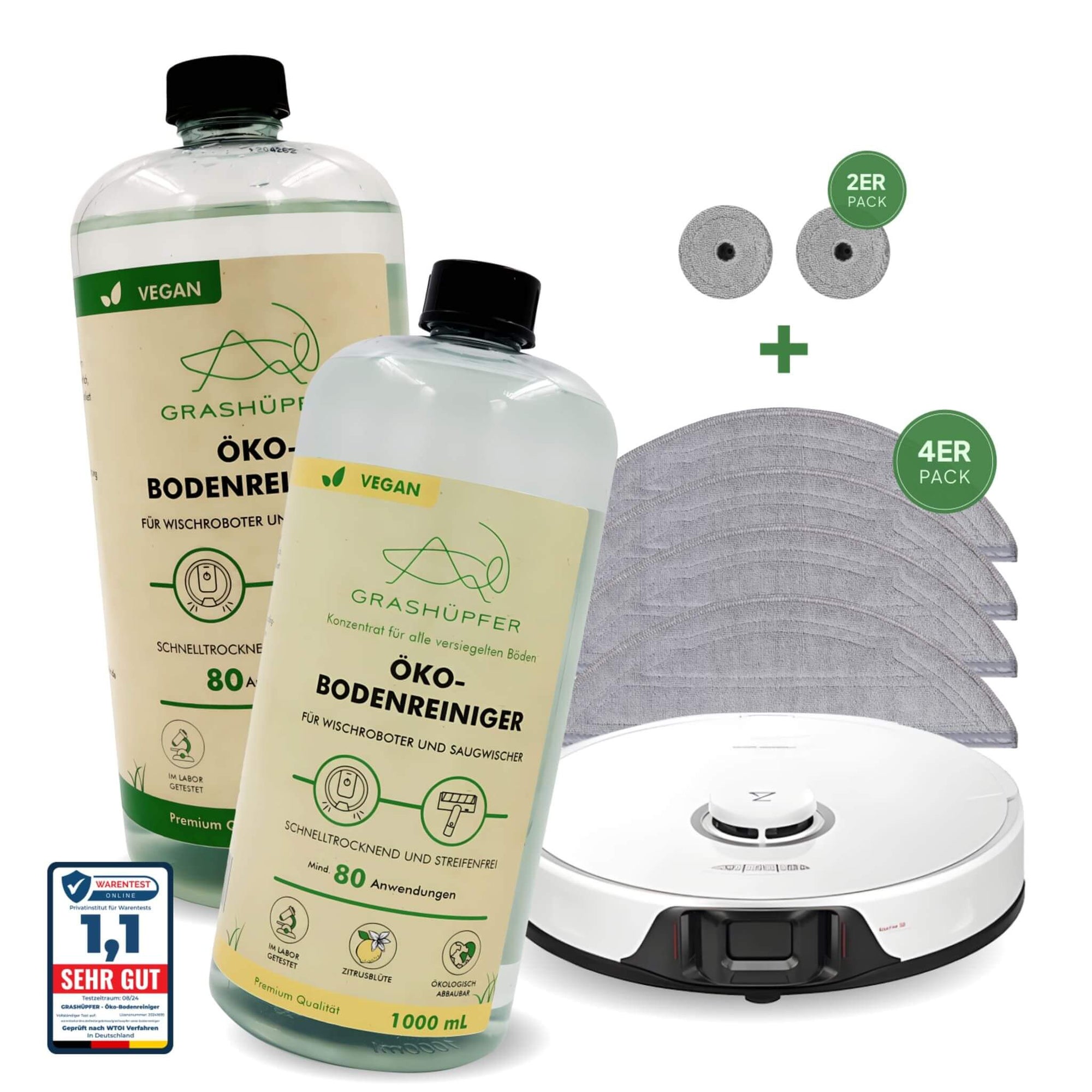 Das Grashüpfer Qrevo Wisch-Set besteht aus dem Öko-Bodenreiniger der mit 1,1 SEHR GUT ausgezeichnet ist und 4er Pack Wischpads lang + 2 Mini-Mops für Roborock Saros Saug- und Wischroboter in Originalqualität.