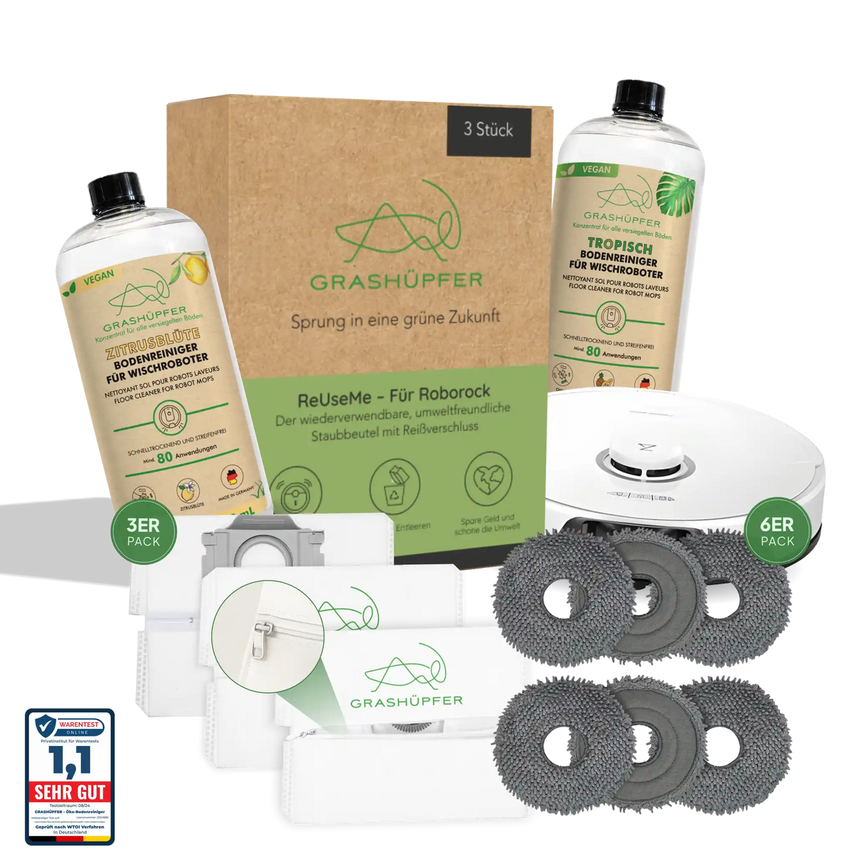 GRASHÜPFER Zubehör-Set für Roborock mit Bodenreiniger Zitrusblüte und Tropisch, ReUseMe Staubbeuteln, grauen Wischpads und Saug-Wischroboter.