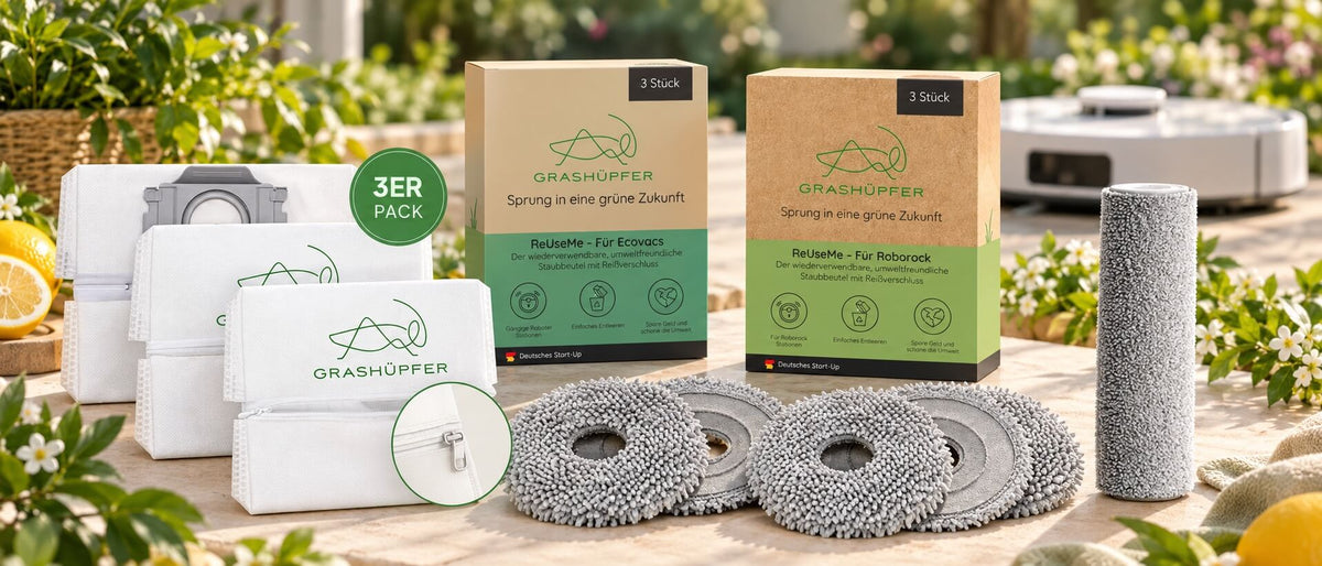 Grashüpfer Zubehör für Saug- und Wischroboter mit ReUseMe Mehrweg-Staubbeuteln für Ecovacs und Roborock, Wischpads und Reinigungsrolle.