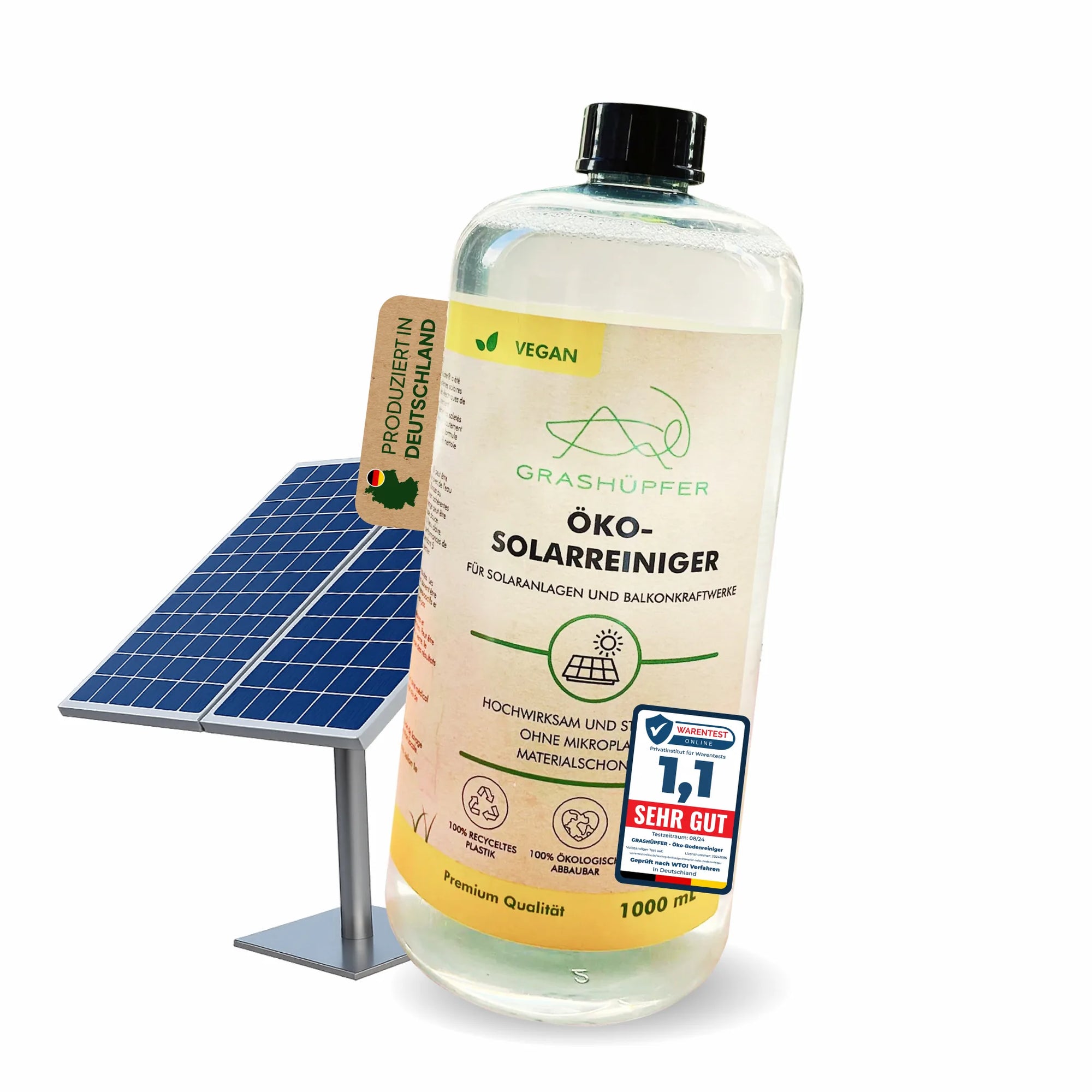 Grashüpfer Öko-Solarreiniger produziert in Deutschland für Solaranlagen und Balkonkraftwerke Reinigungslösung für PV-Module mit Sehr-gut-Testergebnis.