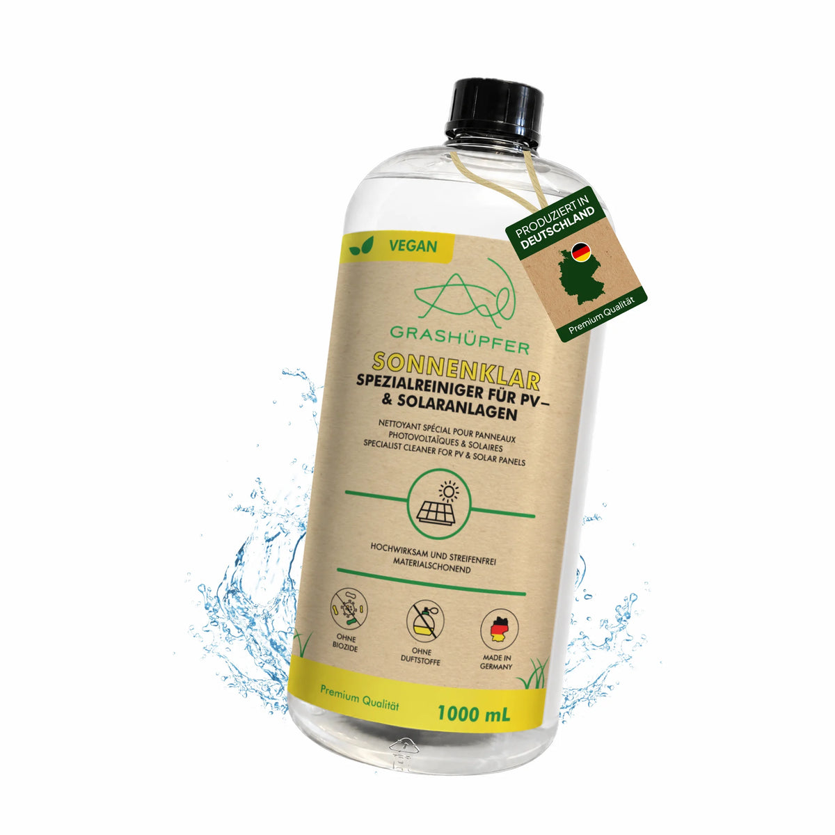 GRASHÜPFER Sonnenklar Solarreiniger 1000 ml für PV- und Solaranlagen, vegane Rezeptur und produziert in Deutschland.