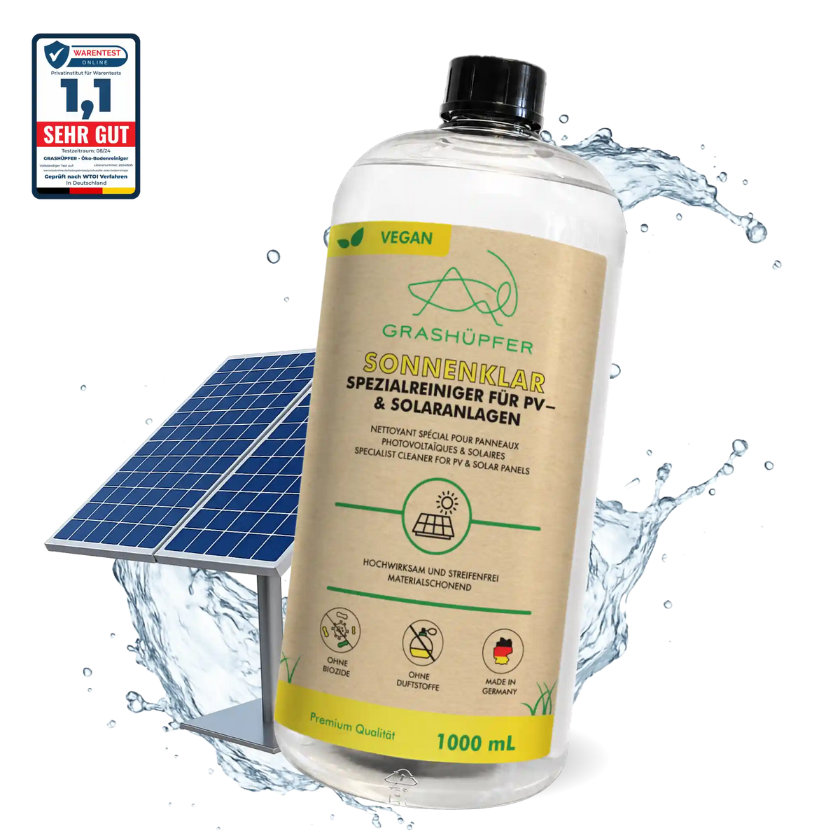 GRASHÜPFER Sonnenklar Solarreiniger 1000 ml für PV- und Solaranlagen mit Solarmodul und Produktdarstellung.