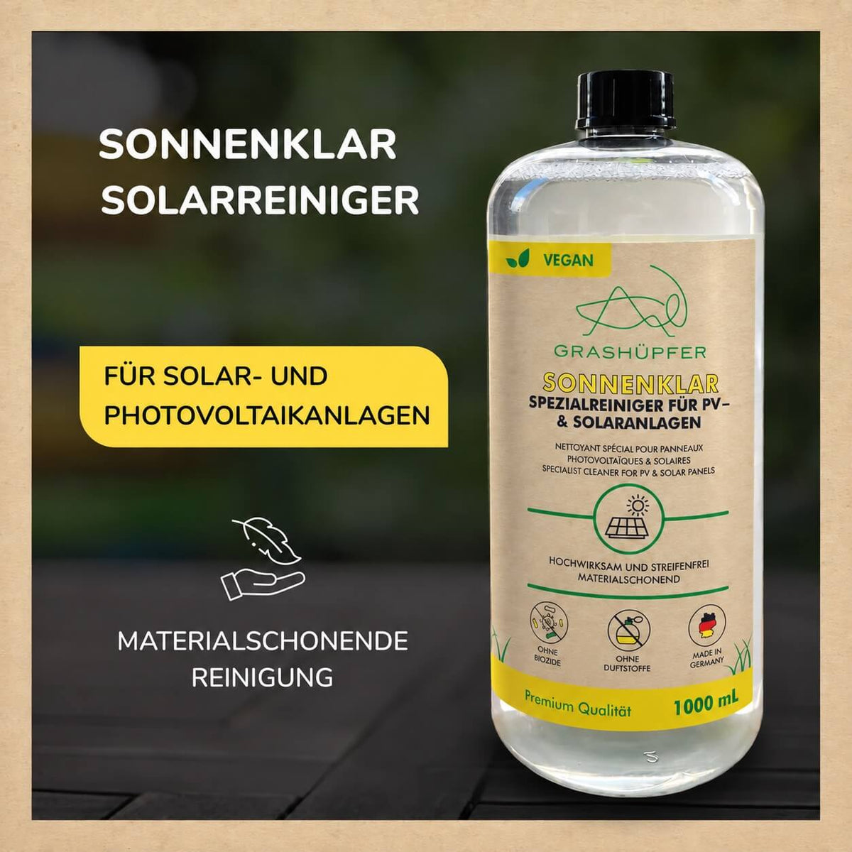 GRASHÜPFER Sonnenklar Solarreiniger für PV- und Solaranlagen mit Produktflasche und Hinweis auf materialschonende Reinigung.