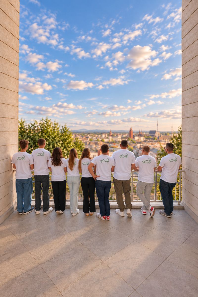 Grashüpfer Team in weißen Shirts mit grünem Grashüpfer Logo auf einer Terrasse mit Blick über die Stadt.