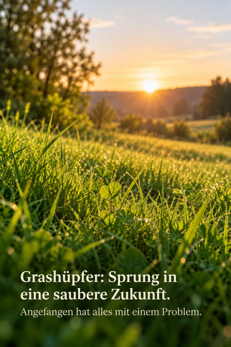 Sonnenaufgang über einer grünen Wiese mit dem Hinweis auf die Grashüpfer Markengeschichte und den Ursprung der Idee für nachhaltige Reinigungslösungen.
