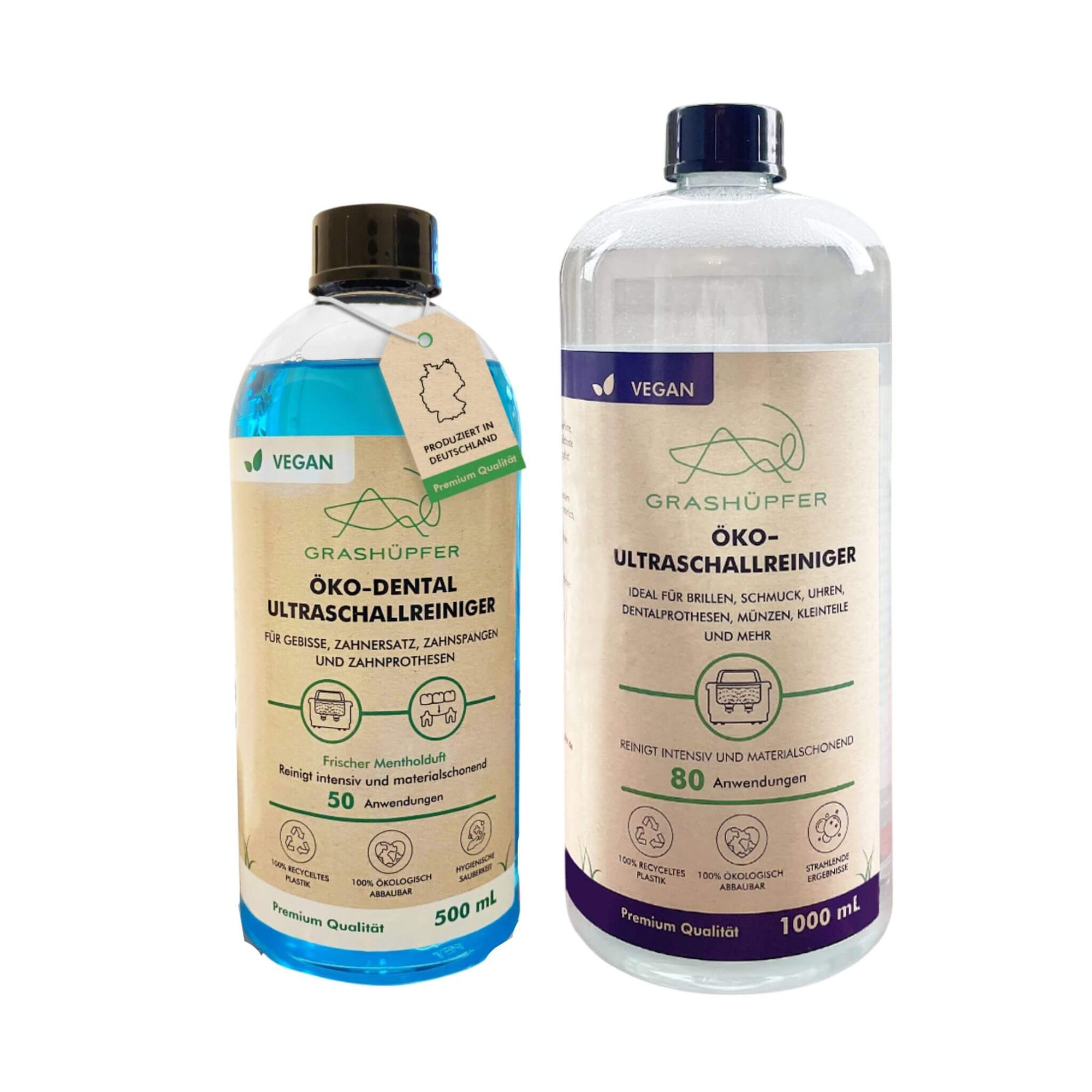 Das Grashüpfer Ultraschallreiniger-Duo besteht aus einem 2er Set aus Öko-Dentalultraschallreiniger und Öko-Ultraschallreiniger.