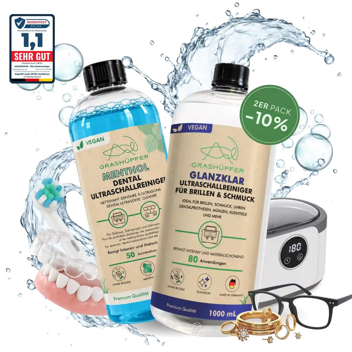 GRASHÜPFER Ultraschallreiniger Duo mit Dental Menthol 500 ml und Glanzklar 1000 ml für Zahnersatz, Brillen und Schmuck.