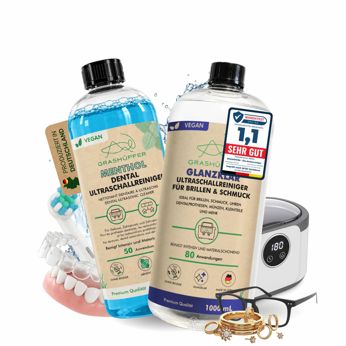 Ultraschallreiniger Duo von GRASHÜPFER mit Dental Menthol und Glanzklar, dargestellt mit Ultraschallgerät, Zahnersatz, Brille und Schmuck.