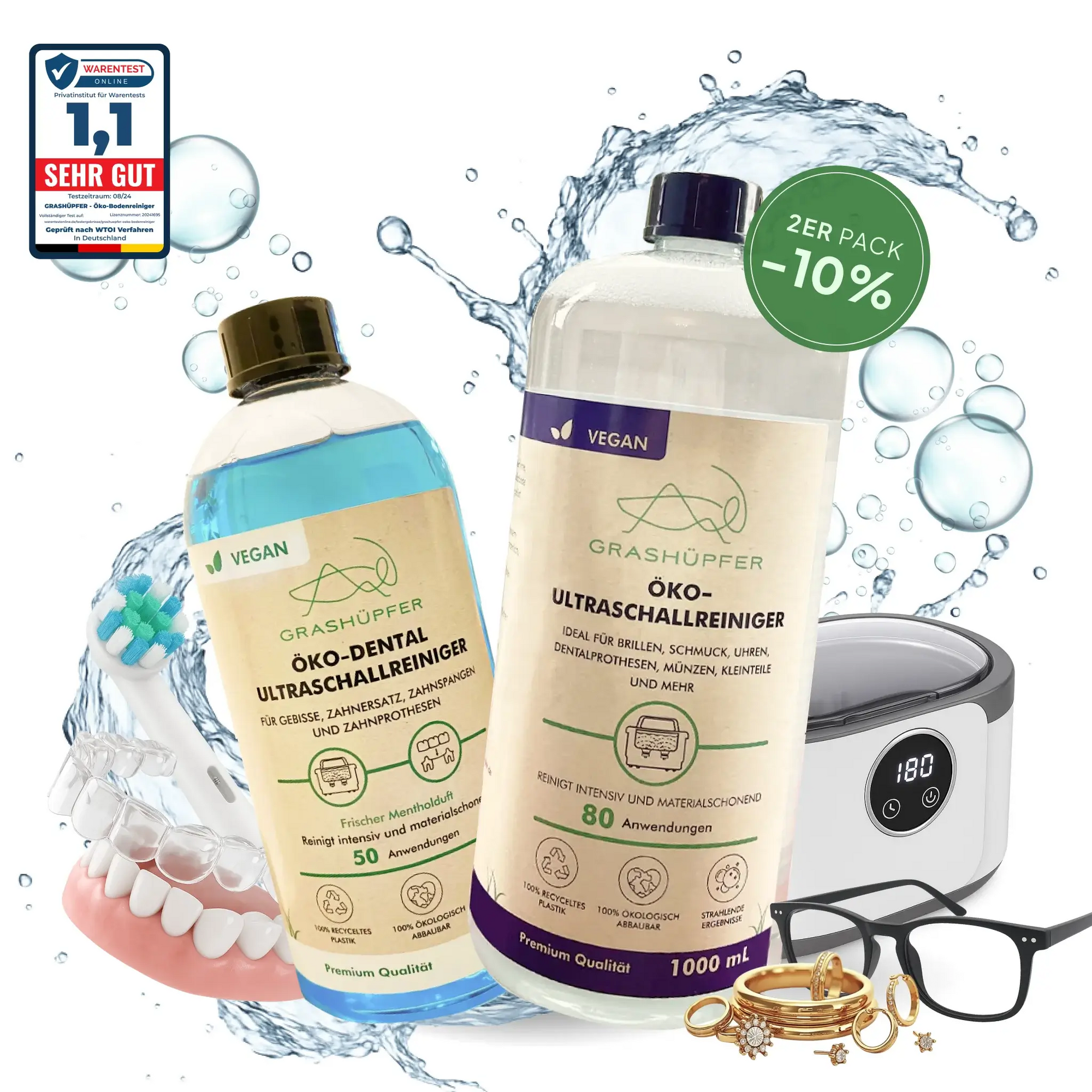 Das Grashüpfer Ultraschallreiniger-Duo besteht aus einem 2er Set aus Öko-Dentalultraschallreiniger und Öko-Ultraschallreiniger. Daneben ist ein Ultrasxchallreinigungsgerät und frisch geputzte Brille, Schmuck und Zahnprothese, außerdem ein Warentest Online Label mit der Note 1,1 (SEHR GUT).