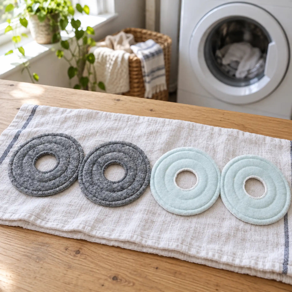 Vier runde Baumwoll-Wischpads von Grashüpfer in Grau und Hellblau liegen auf einem weißen Tuch vor einer Waschmaschine und veranschaulichen die Reinigung und Pflege.
