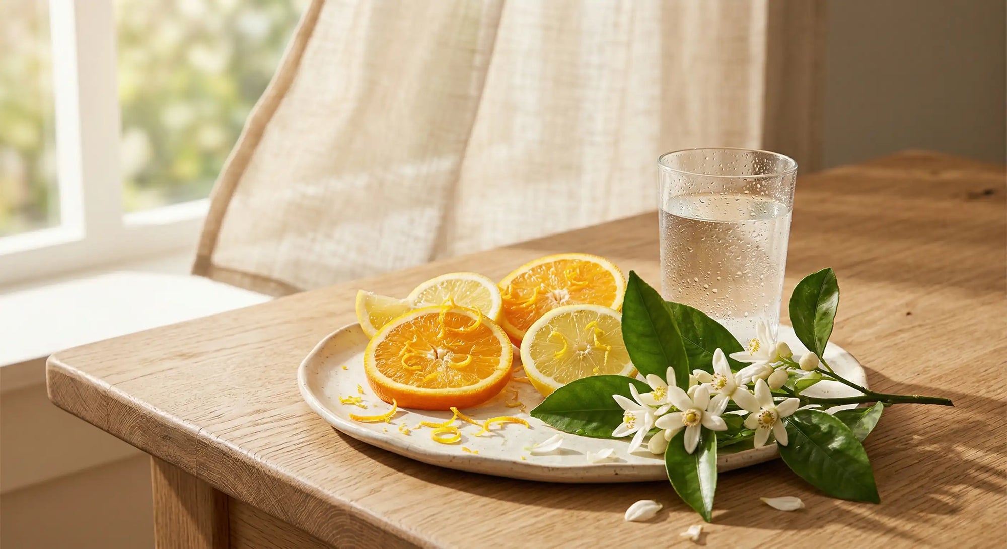 Zitrusblüte: Scheiben von Orange und Zitrone mit Zesten und weißen Zitrusblüten auf einem Teller im Sonnenlicht, Duftmotiv für den probiotischen Öko-Wischroboter-Reiniger Zitrusblüte als Geruchsentferner für Tierhaushalte