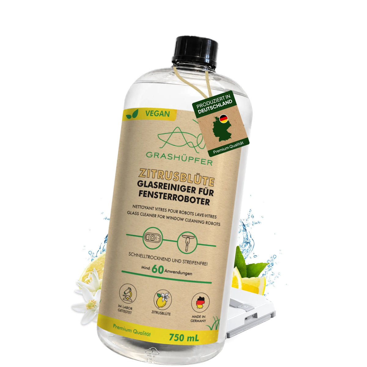 GRASHÜPFER Zitrusblüte Glasreiniger für Fensterroboter, 750 ml, mit Fensterroboter, Zitrone und Zitrusblüten und made in Germany.