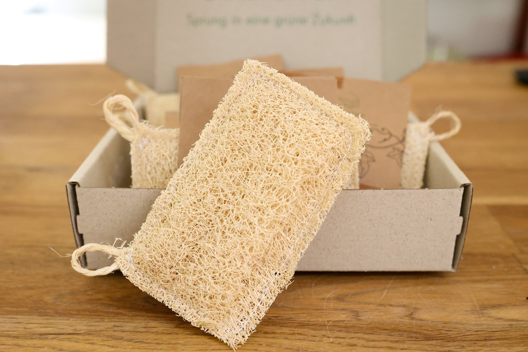 Der Luffa Schwamm von Grashüpfer steht neben der Verpackung wo noch weitere Luffa Schwämme liegen und ist ausgepackt und aufgrund der Beschaffenheit,ob Edelstahl, Keramik, Glas oder sogar beschichtete Gegenstände: Die schonende Materialbeschaffenheit hinterlässt keine Kratzer.