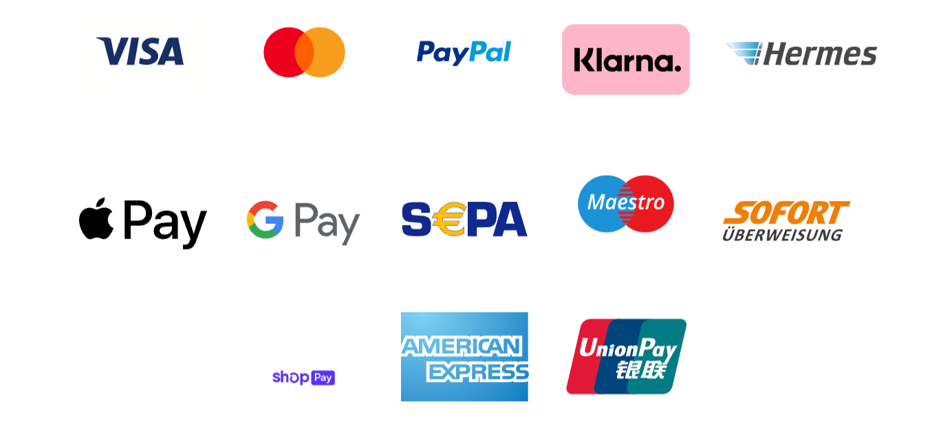 Übersicht sicherer Zahlungsmittel wie: VISA, PayPal, Klarna, Hermes, Apple Pay, G Pay, SEPA, MAESTRO und SOFORT Überweisung, Shop Pay, American Express und Union Pay.