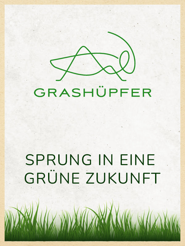 Grashüpfer Logo und Motto: Sprung-in-eine-grüne-Zukunft ist zu sehen.